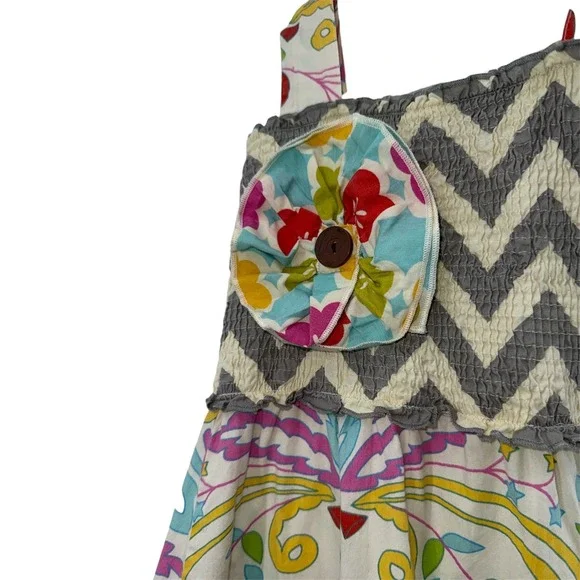 Mustard Pie Girls Size 7 Mixed Print Smocked Chevron Floral Ruffle Dress - Picture 4 of 6